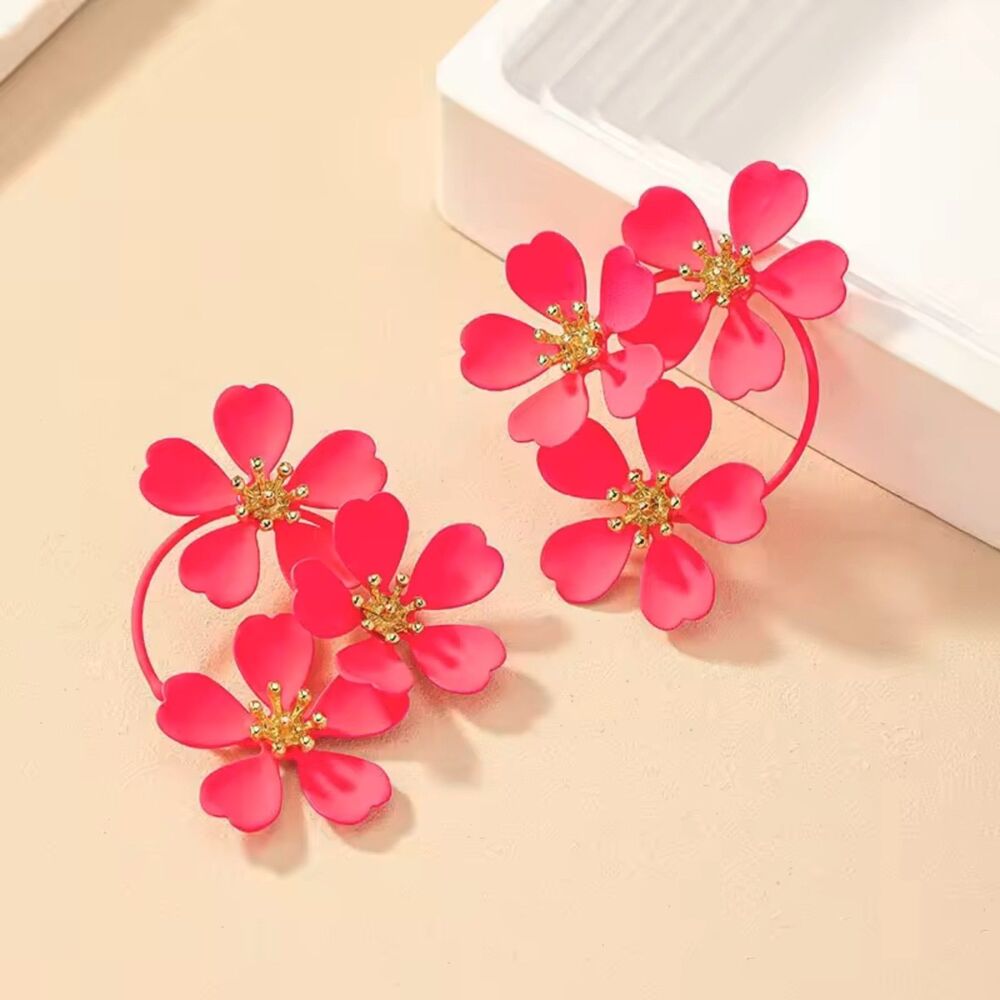 Pink Floral Statement Earrings – Bold Gold-Accented Hoop Dangle Earrings